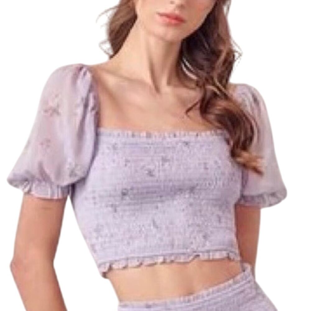 Storia Lilac Floral Puff Sleeve Smocked Crop Top Size Small